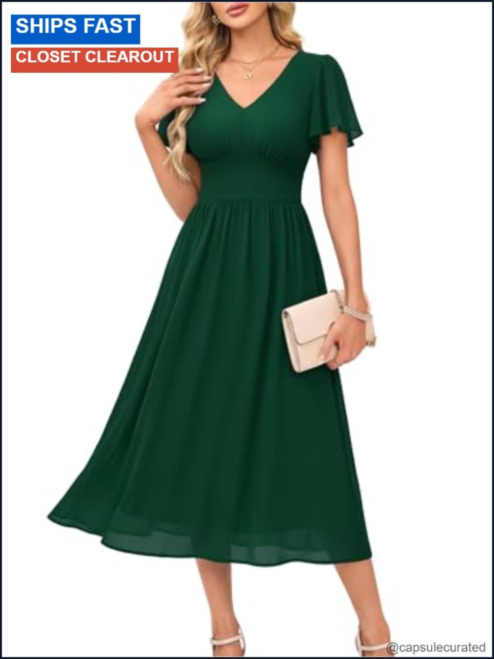 Women's Chiffon Semi Formal Midi Dress Ruffle Sleeve V-Neck Wedding Guest